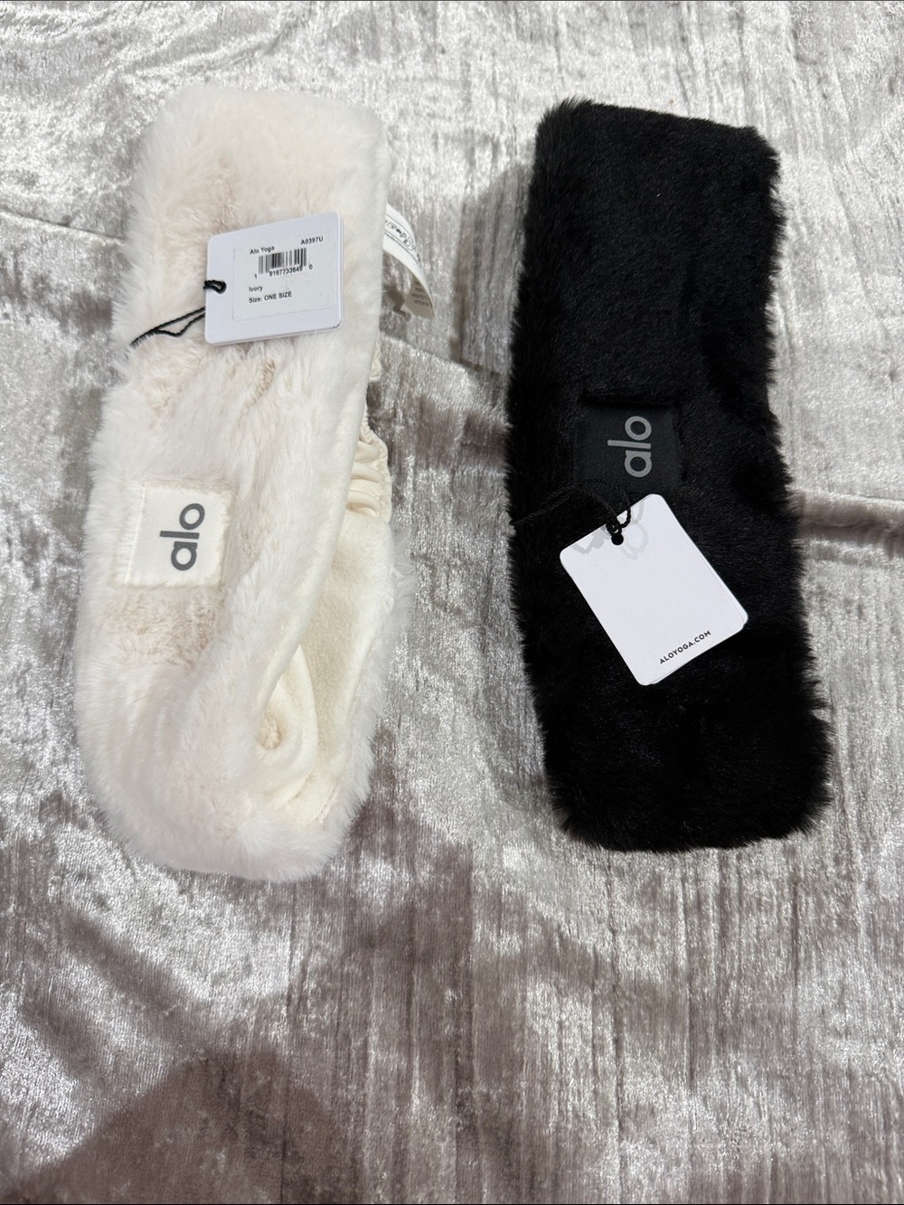 ALO Yoga Faux Fur Headbands in Black and Cream - Set of 2